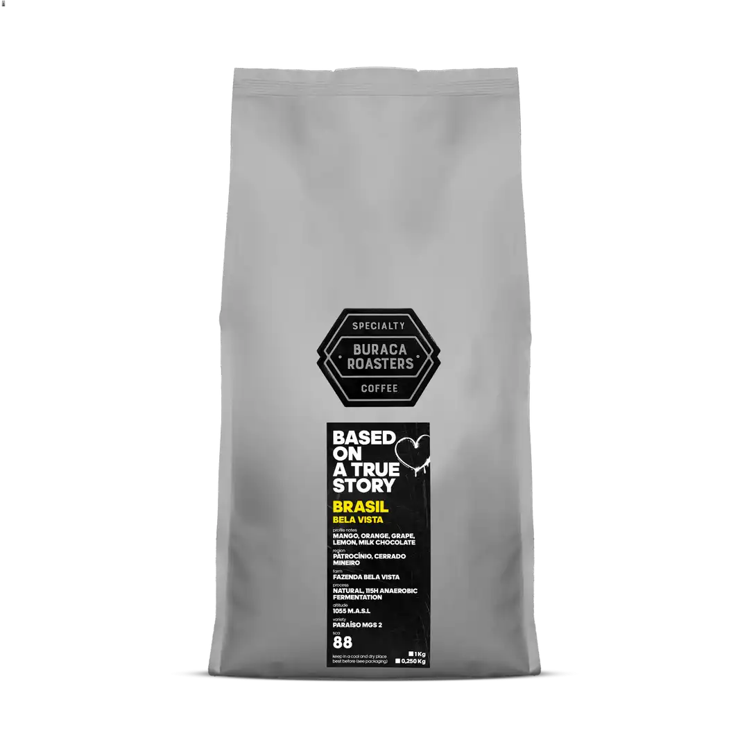 Front of a 1kg coffee bag from Brasil Bela Vista roasted by Buraca Roasters