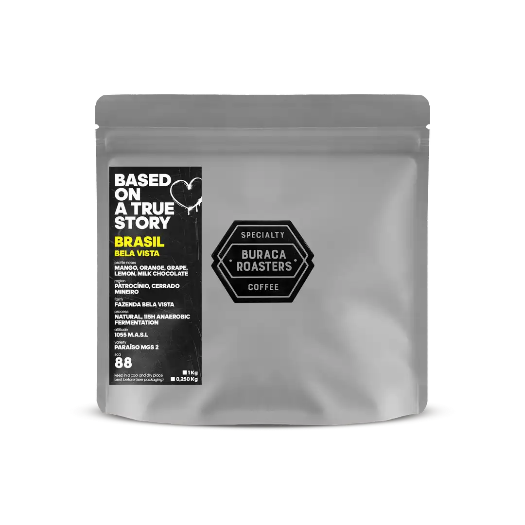 Front of a 250g coffee bag from Brasil Bela Vista roasted by Buraca Roasters
