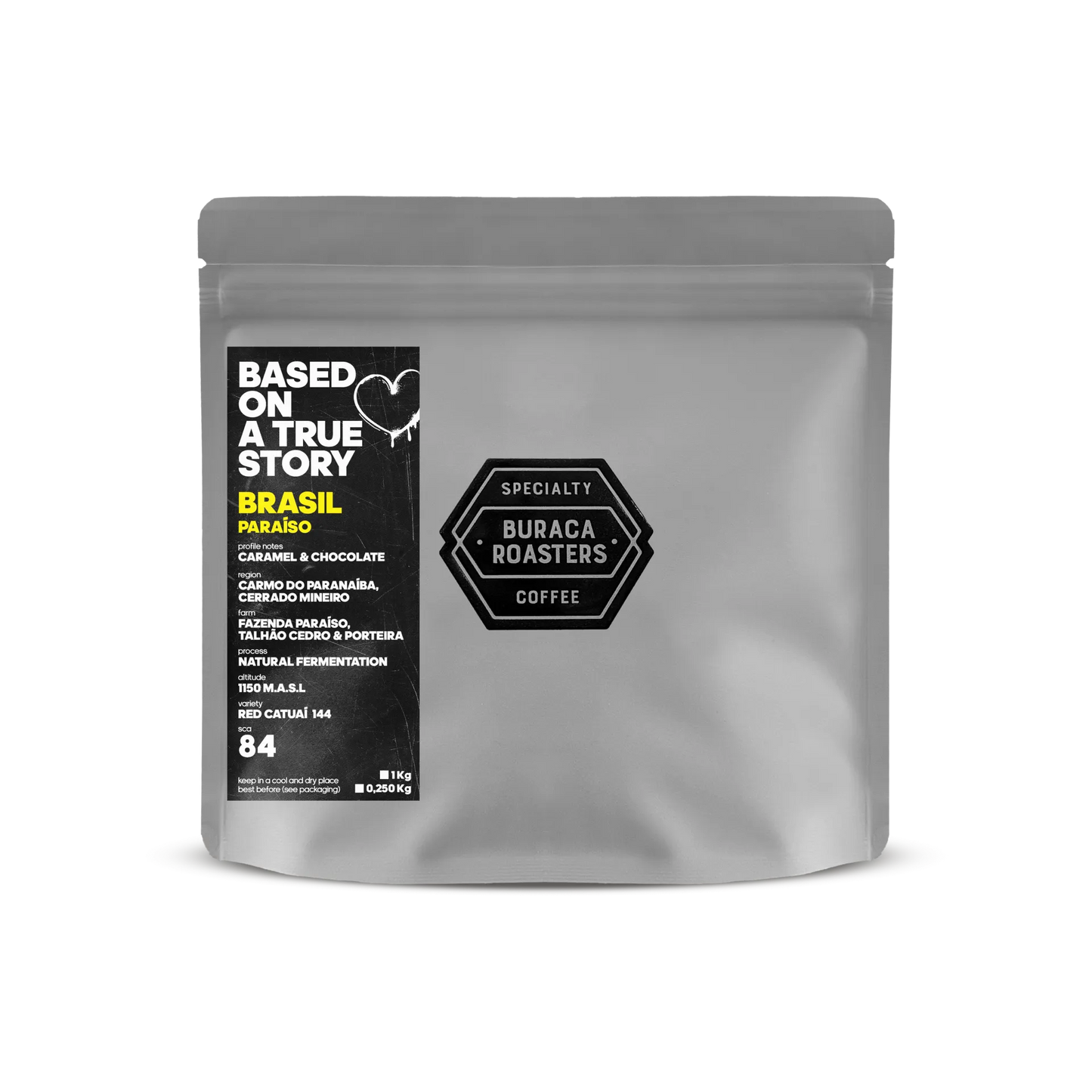 Front picture of a 250g coffee bag from Brasil Paraiso roasted by Buraca Roasters