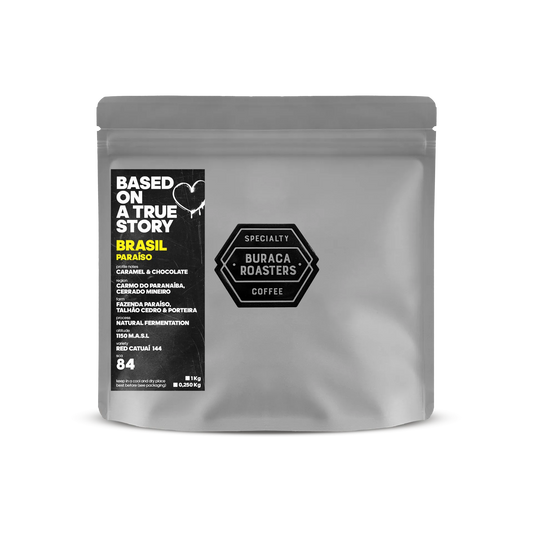 Front picture of a 250g coffee bag from Brasil Paraiso roasted by Buraca Roasters