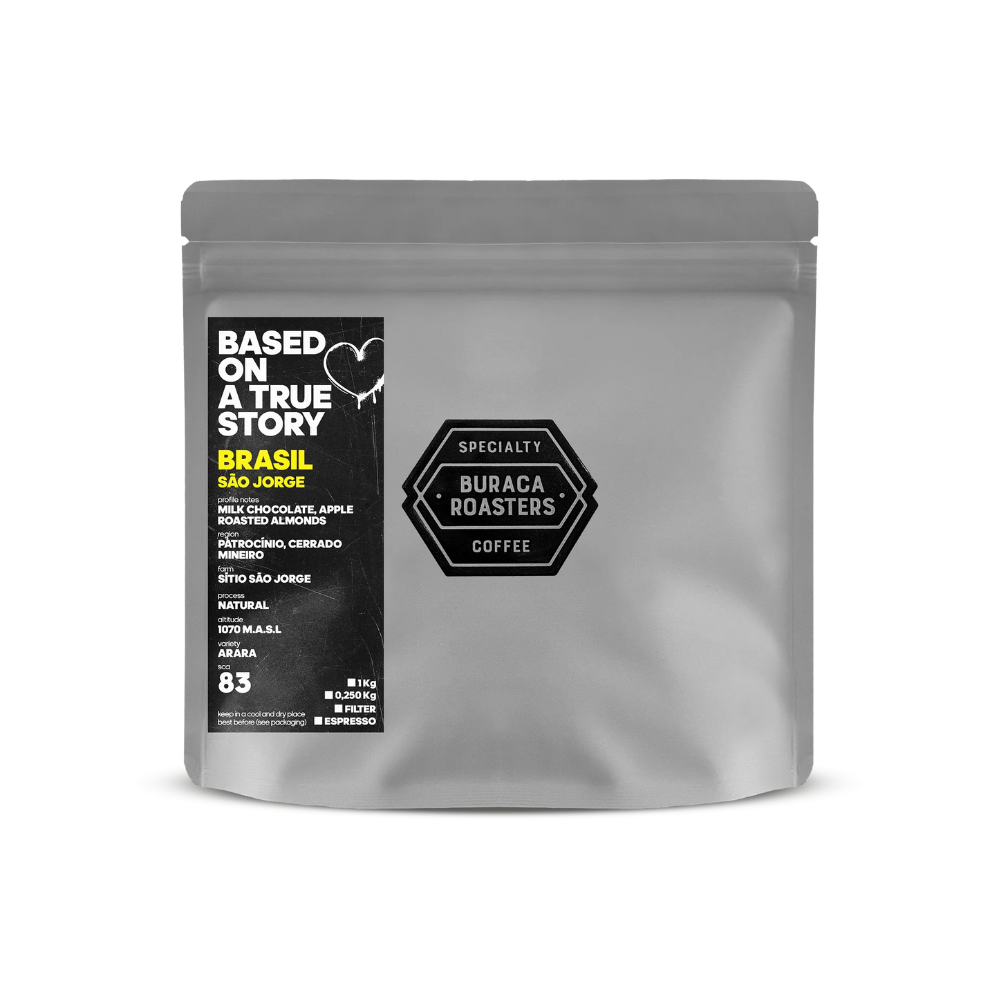 Front of a 250g coffee bag from Brazil, finca Sao Jorge roasted by Buraca Roasters