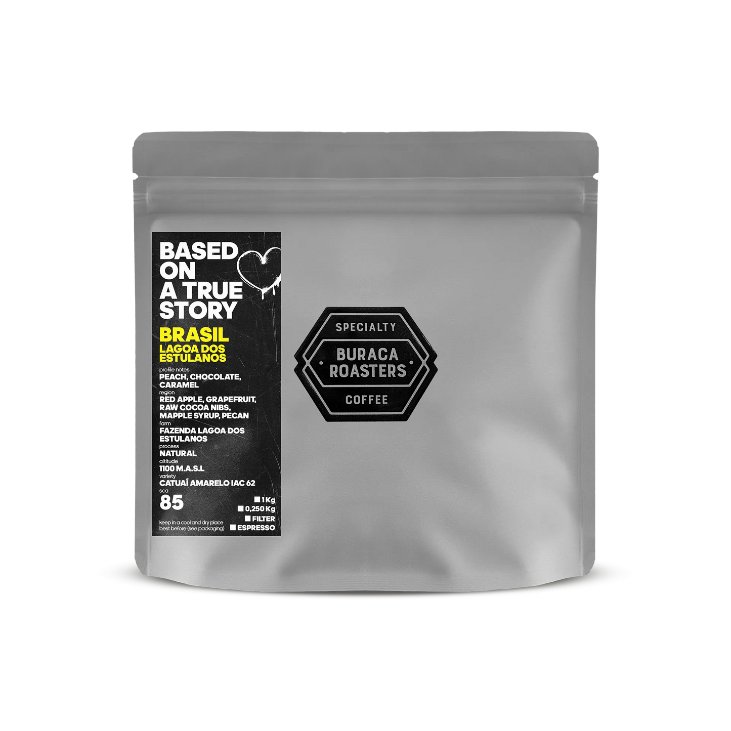 Front of a 250g coffee bag from Brazil, finca Lagoa dos Estulanos roasted by Buraca Roasters