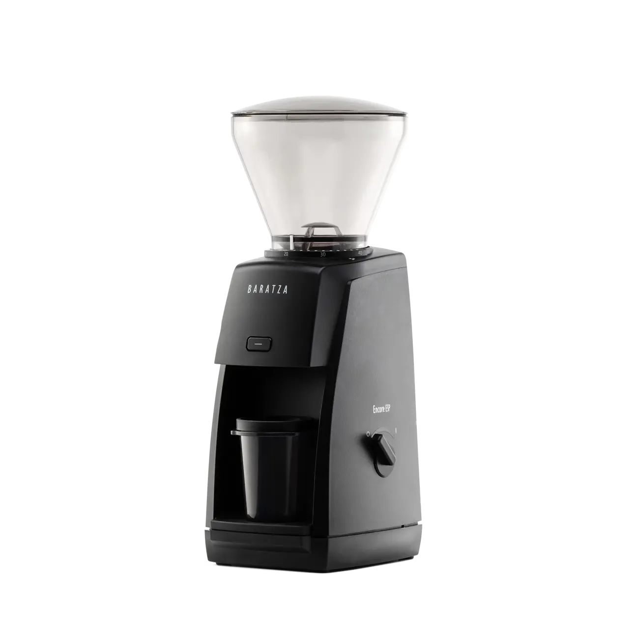 A perspective picture of the white Baratza Encore ESP coffee grinder from the left side.