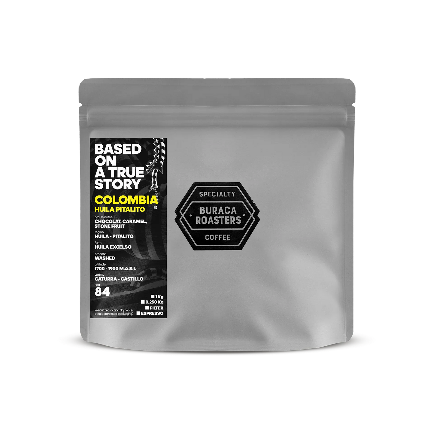 Front picture of a 250g coffee bag from Colombia Huila Pitalito roasted by Buraca Roasters