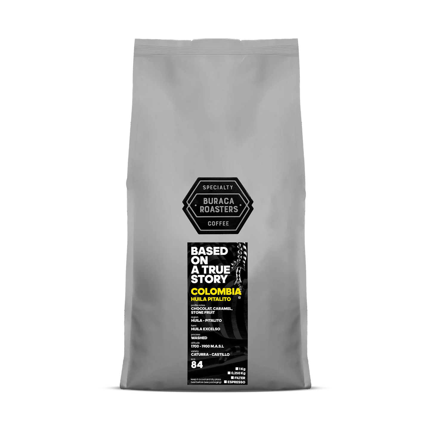 Front picture of a 1kg coffee bag from Colombia Huila Pitalito roasted by Buraca Roasters
