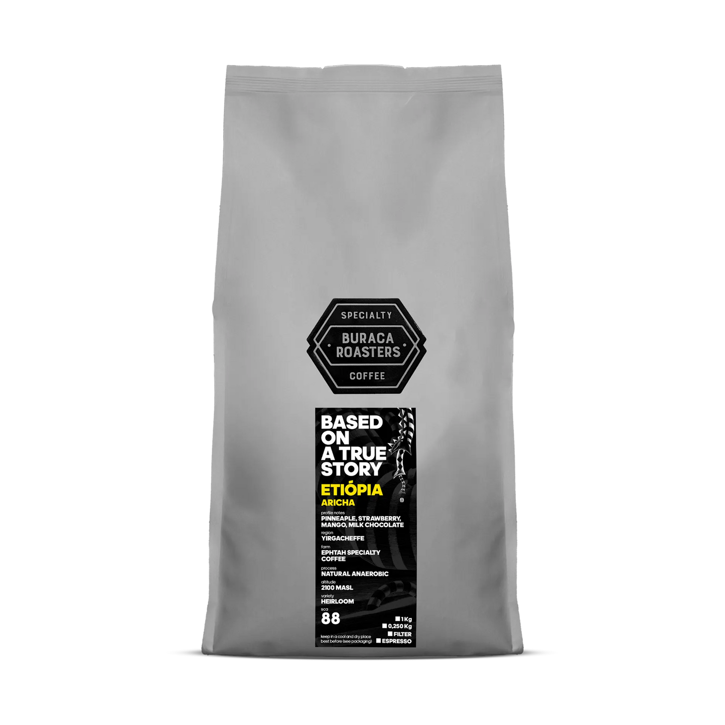 Front of a 1kg coffee bag from Ethiopia, finca EPHTAH Specialty Coffee roasted by Buraca Roasters