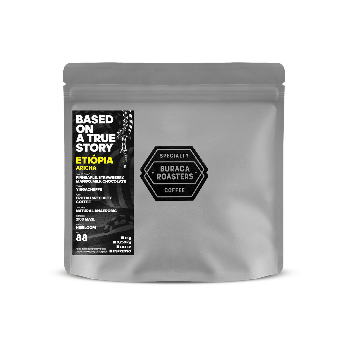 Front of a 250g coffee bag from Ethiopia, finca EPHTAH Specialty Coffee roasted by Buraca Roasters