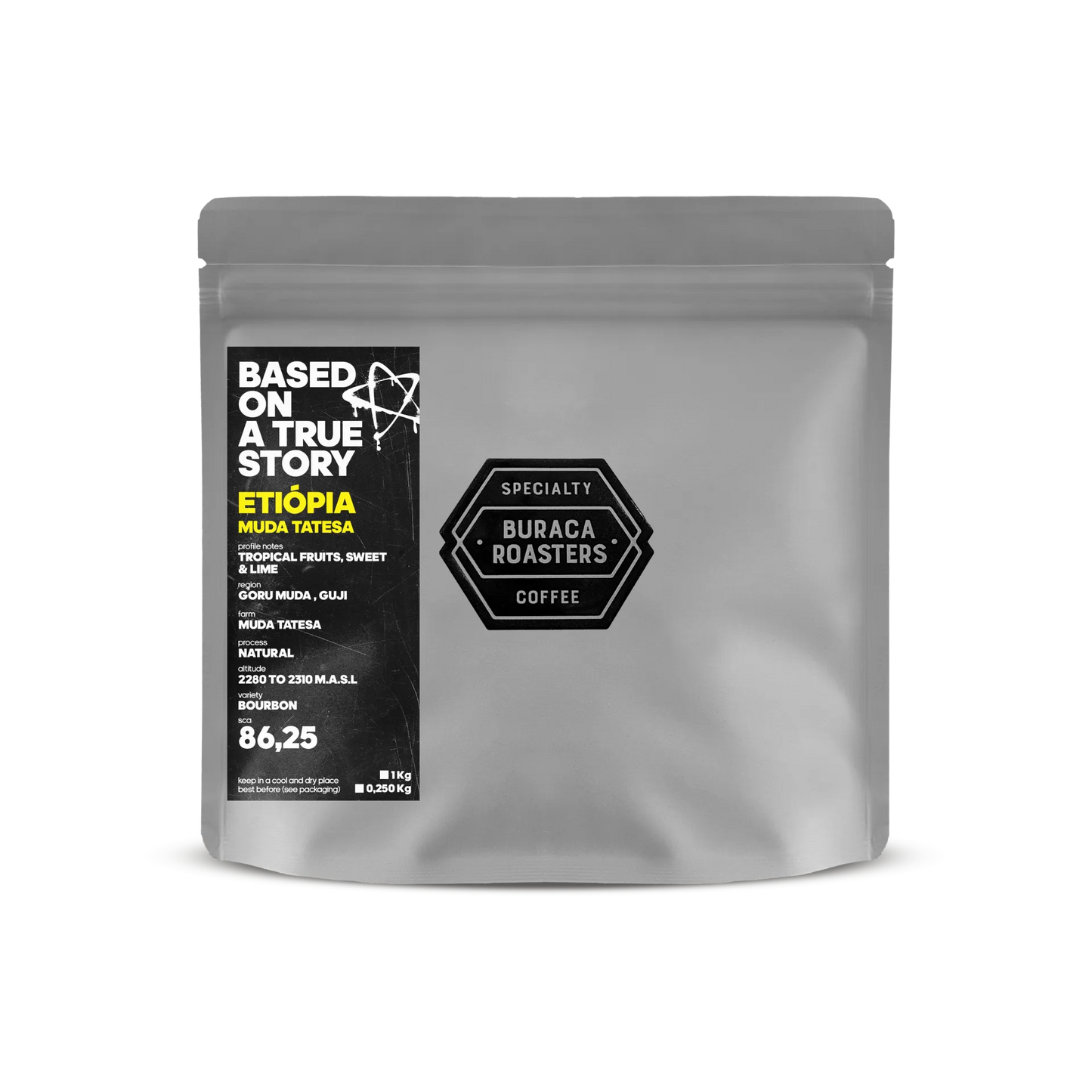 Front picture of a 250g coffee bag from Ethiopia Muda Tatesa roasted by Buraca Roasters