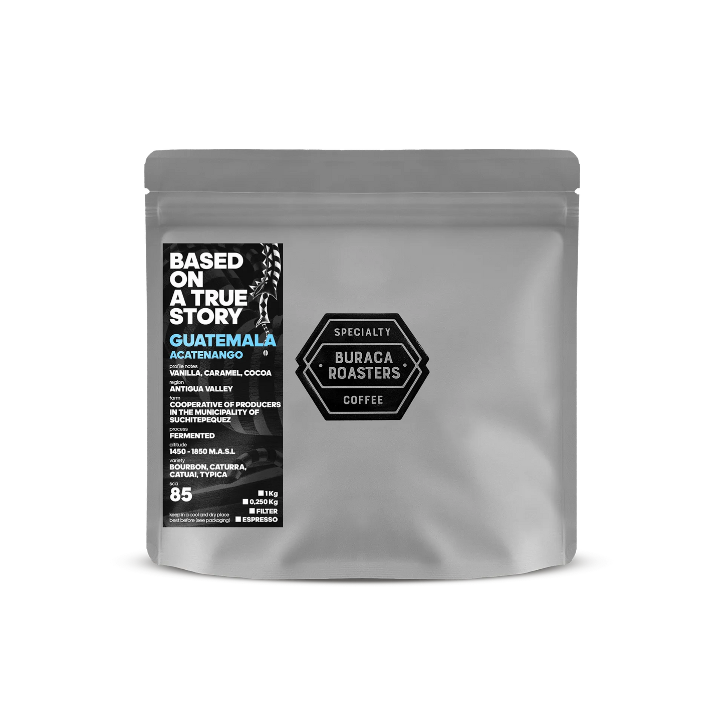 Front picture of a 250g coffee bag from Guatemala Acatenango roasted by Buraca Roasters