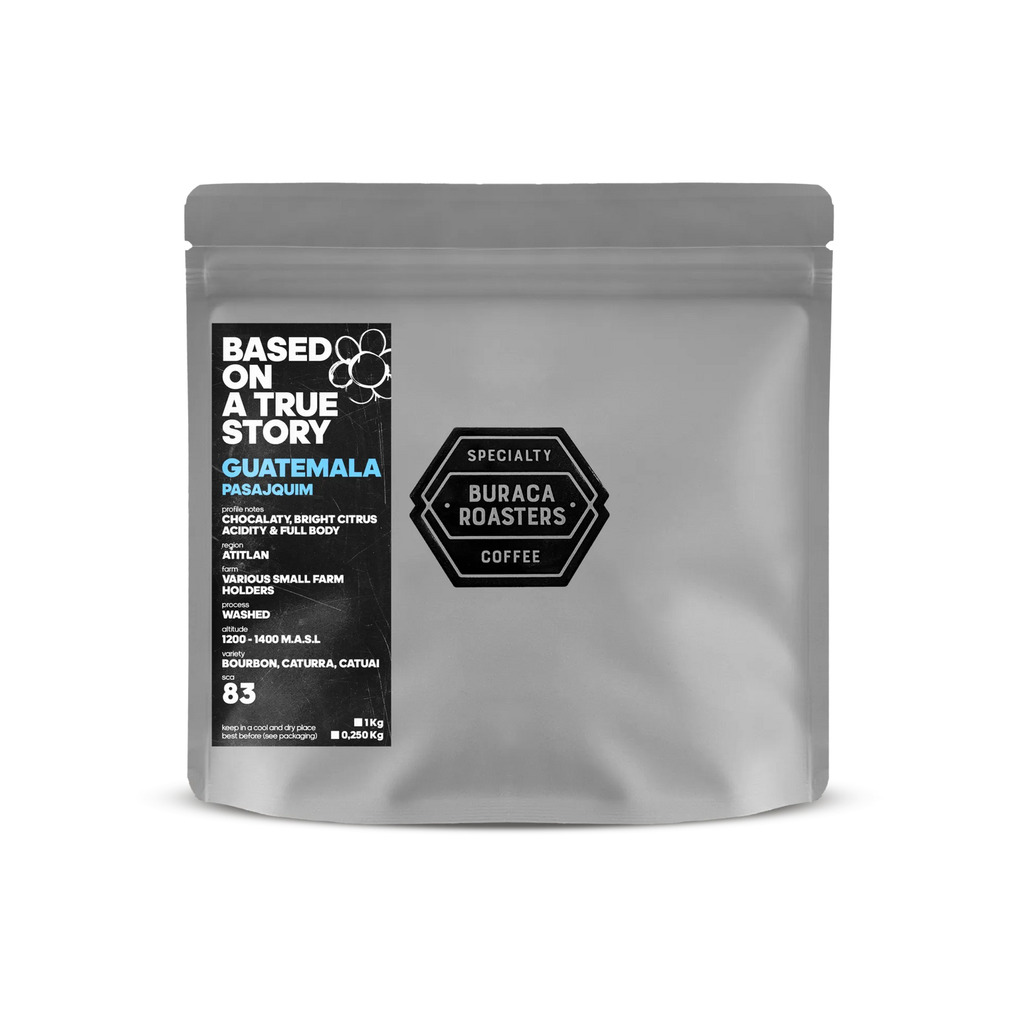 Front picture of a 250g coffee bag from Guatemala Pasajquim roasted by Buraca Roasters