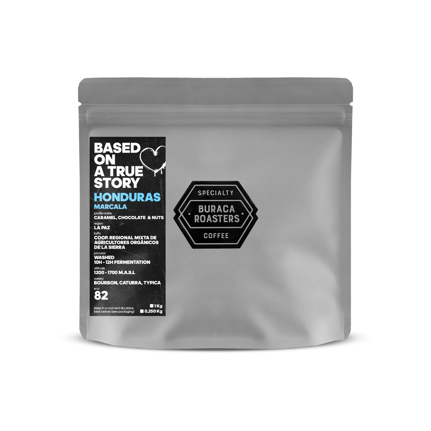 Front picture of a 250g coffee bag from Honduras Marcala roasted by Buraca Roasters
