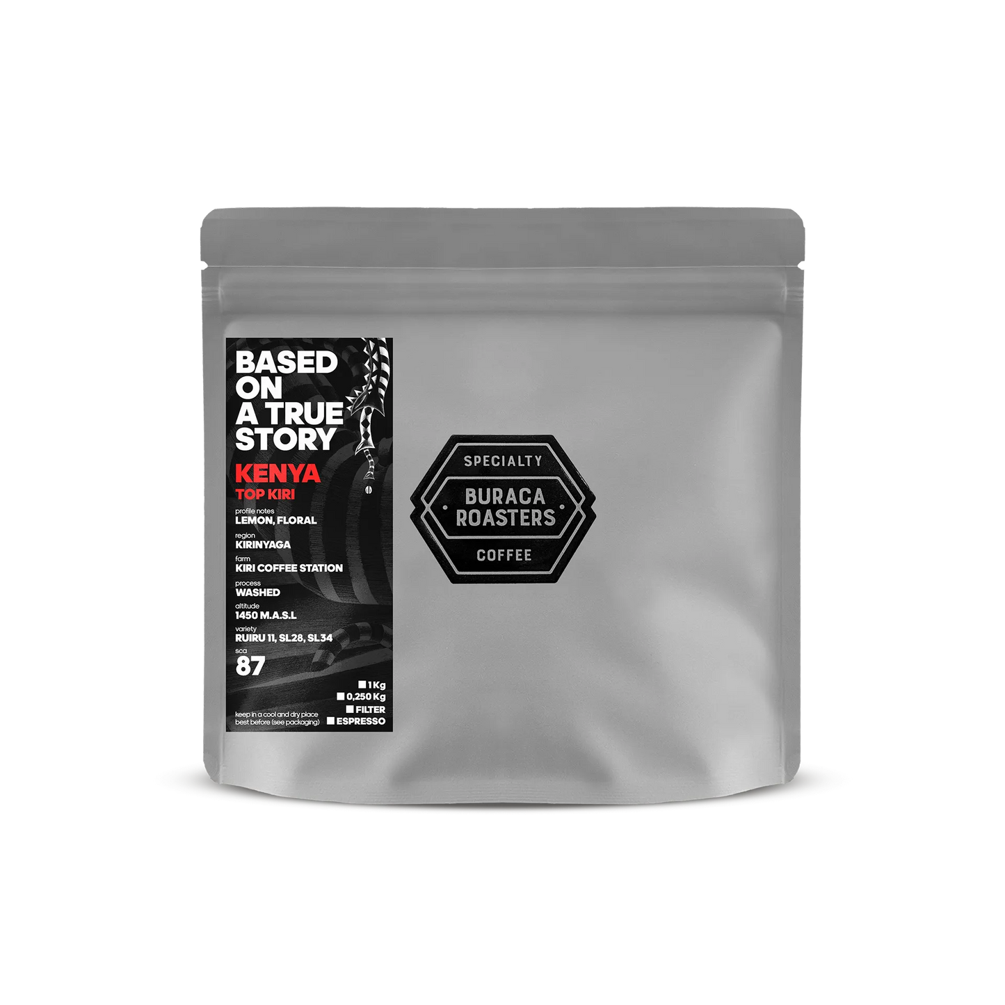 Front picture of a 250g coffee bag from Kenya Top Kiri roasted by Buraca Roasters