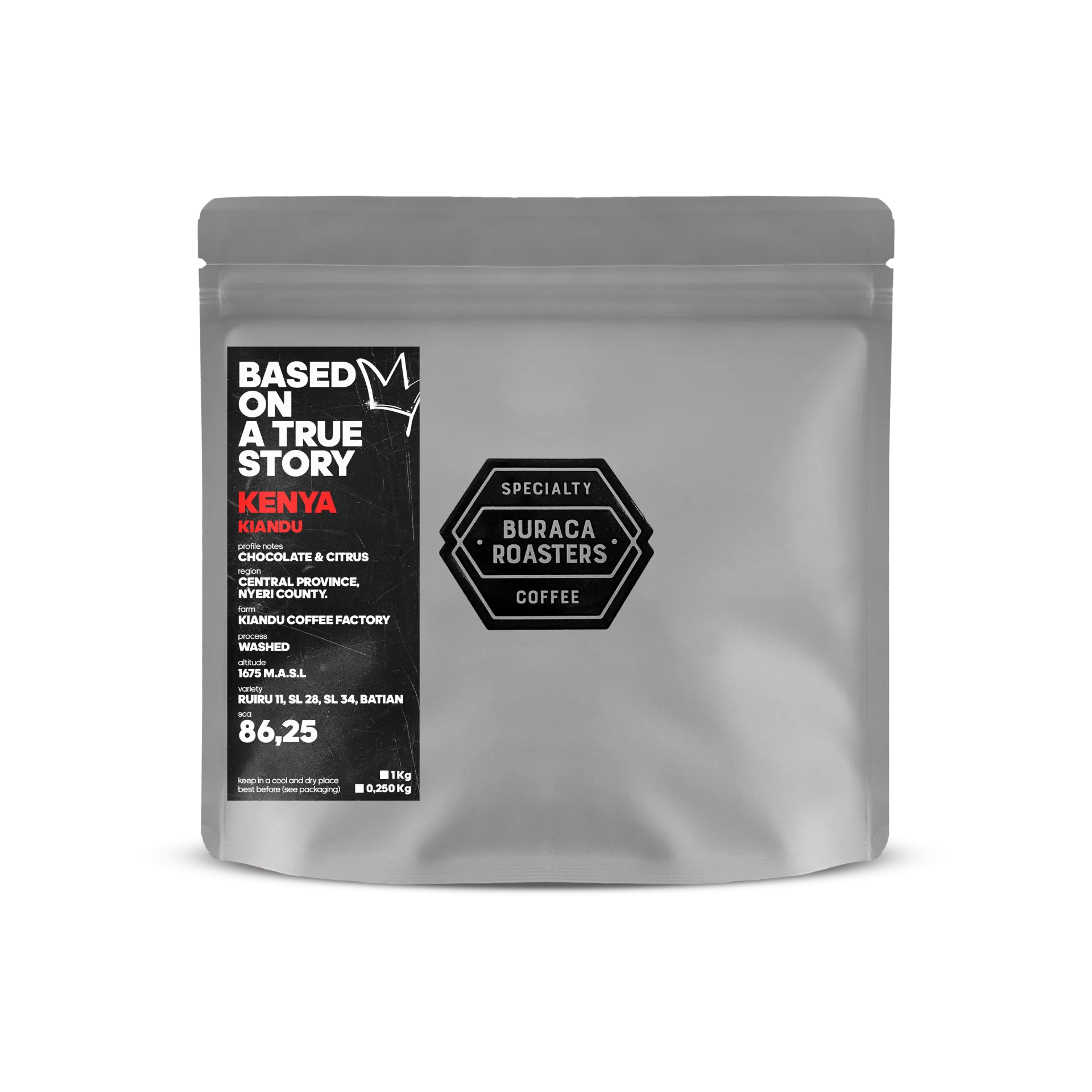 Front picture of a 250g coffee bag from Kenya Kiandu roasted by Buraca Roasters