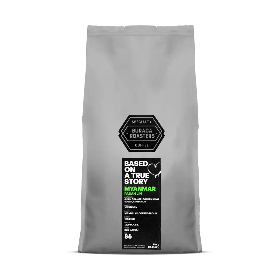 Front of a 1kg coffee bag from Myanmar Padah Lin roasted by Buraca Roasters