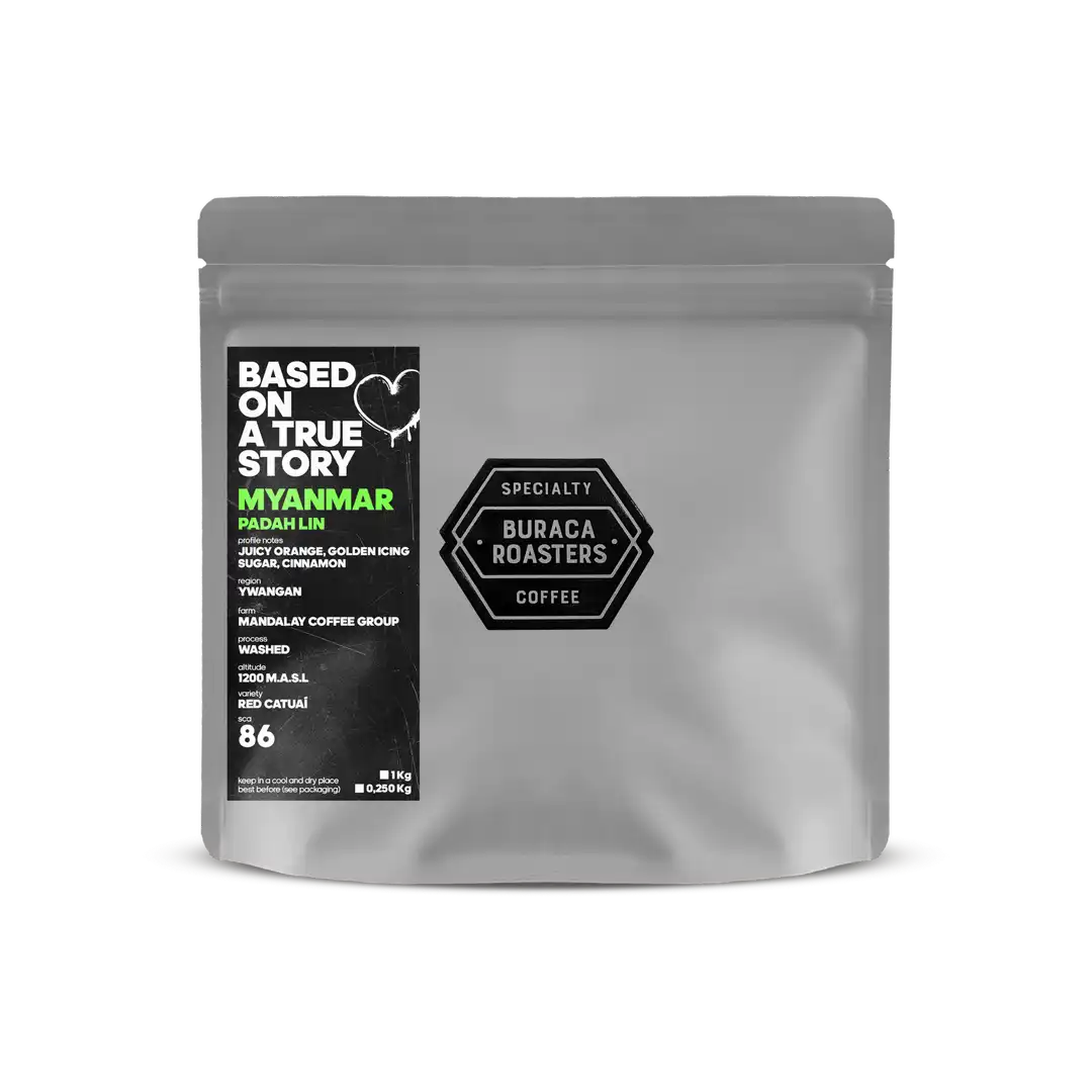Front of a 250g coffee bag from Myanmar Padah Lin roasted by Buraca Roasters