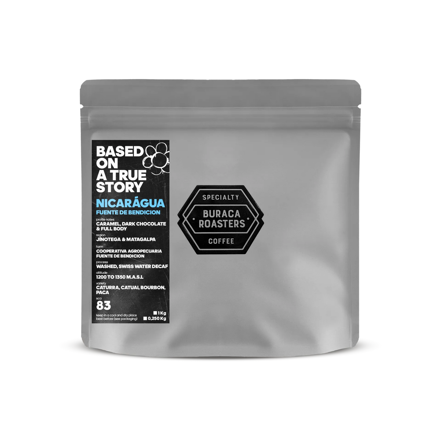 Front picture of a 250g coffee bag from Nicaragua Fuente de Bendicion roasted by Buraca Roasters