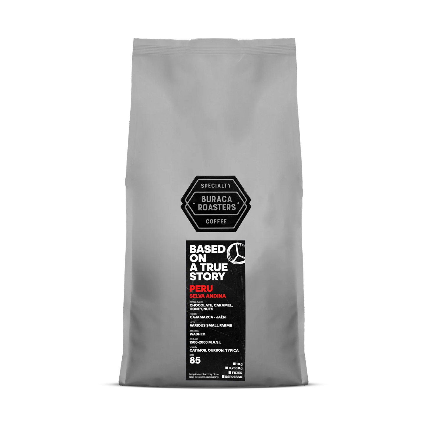 Front of a 1kg coffee bag from Brazil, finca Sao Bento roasted by Buraca Roasters