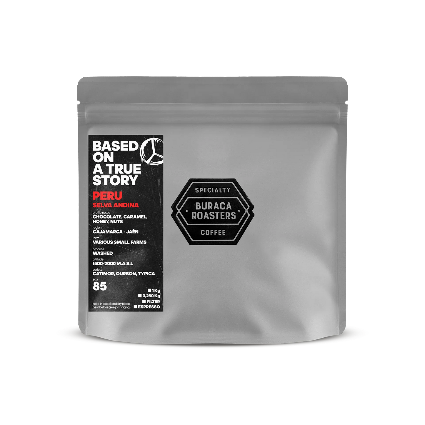 Front of a 250g coffee bag from Brazil, finca Sao Bento roasted by Buraca Roasters