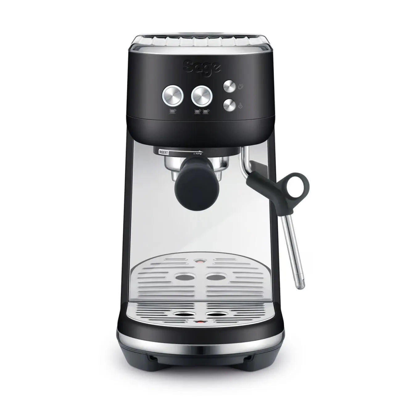 Front picture of coffee machine Bambino Plus from Sage in brushed black steel