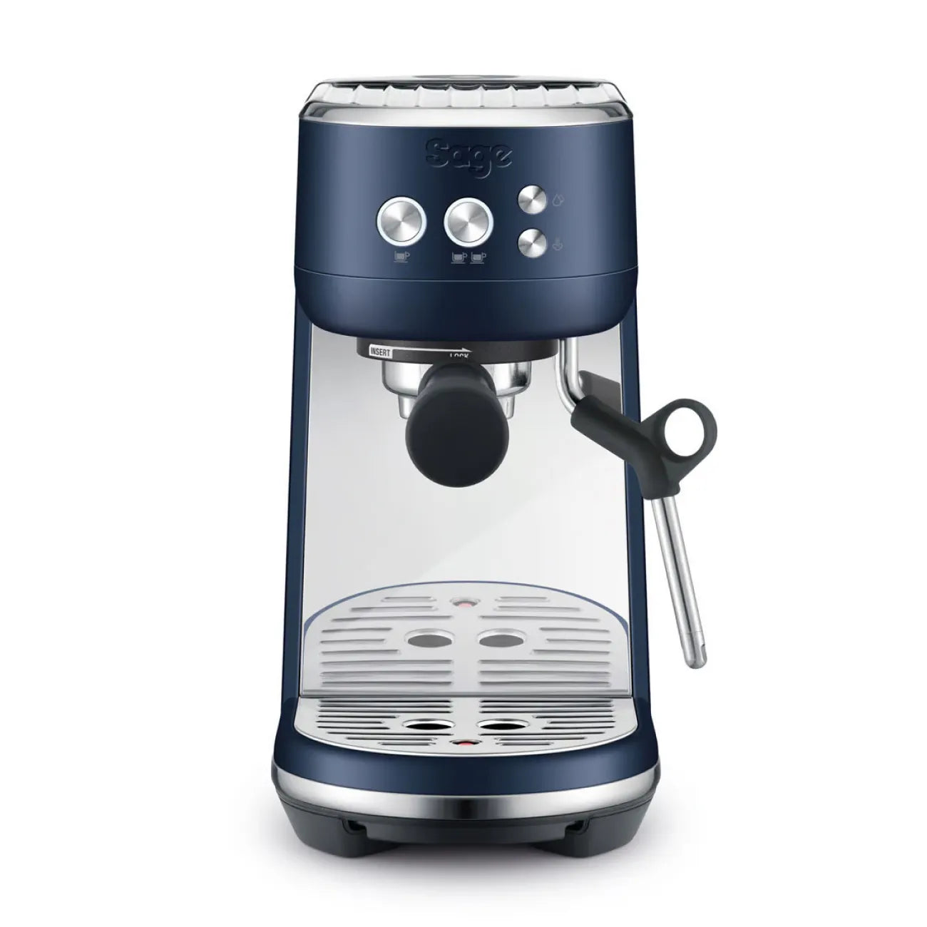 Front picture of coffee machine Bambino Plus from Sage in brushed blue steel