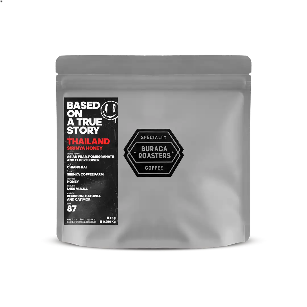 Front of a 250g coffee bag from Thailand Sirinya roasted by Buraca Roasters