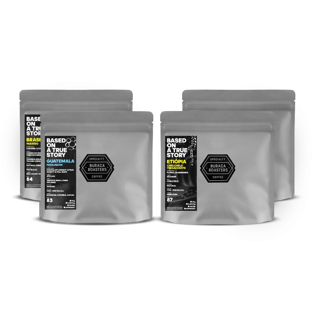 Image of the Adventure Coffee Bundle featuring four 250g bags of specialty coffee from Ethiopia, Guatemala, Kenya and Brazil.