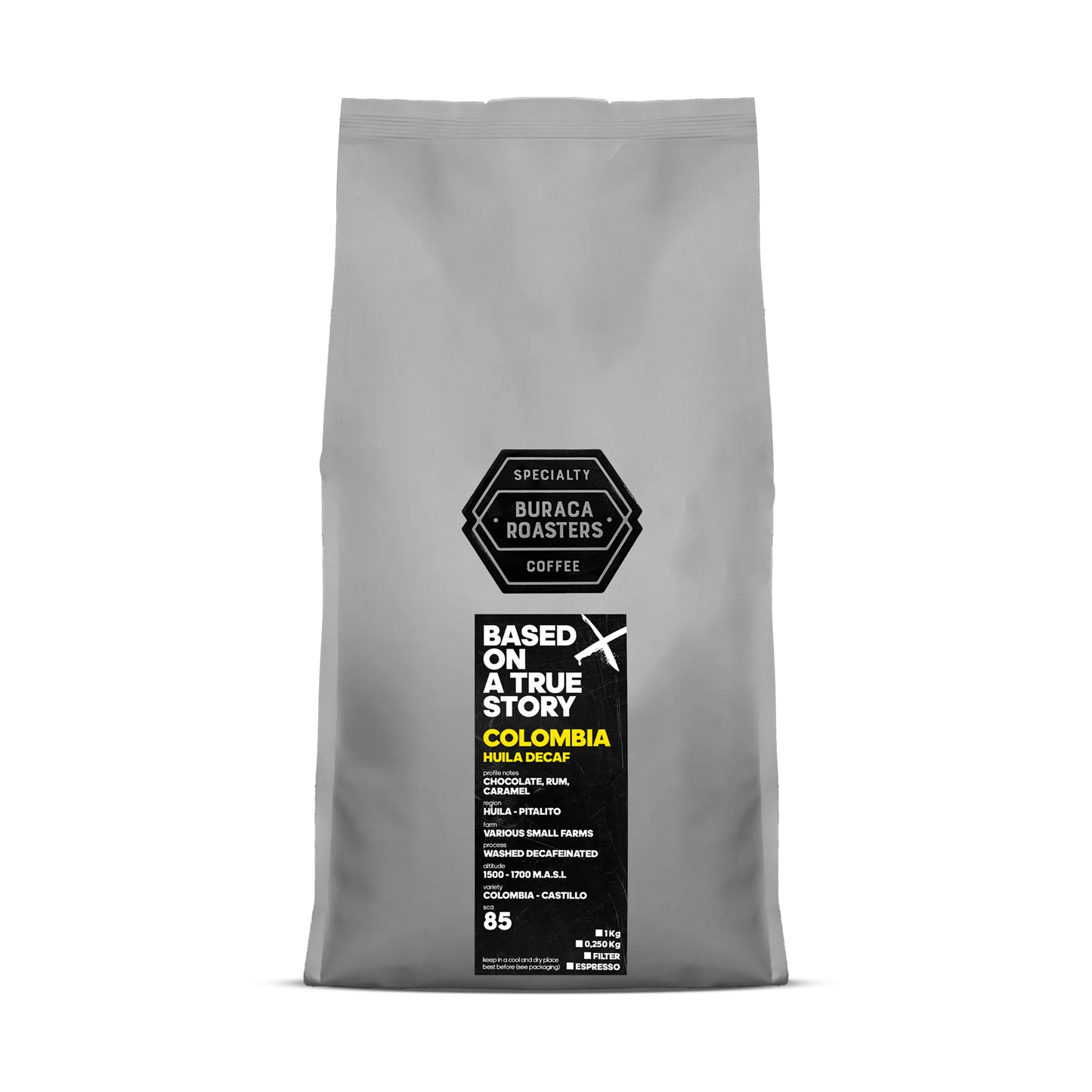 Front of a 1kg coffee bag from Colombia, Huila - Pitalito roasted by Buraca Roasters