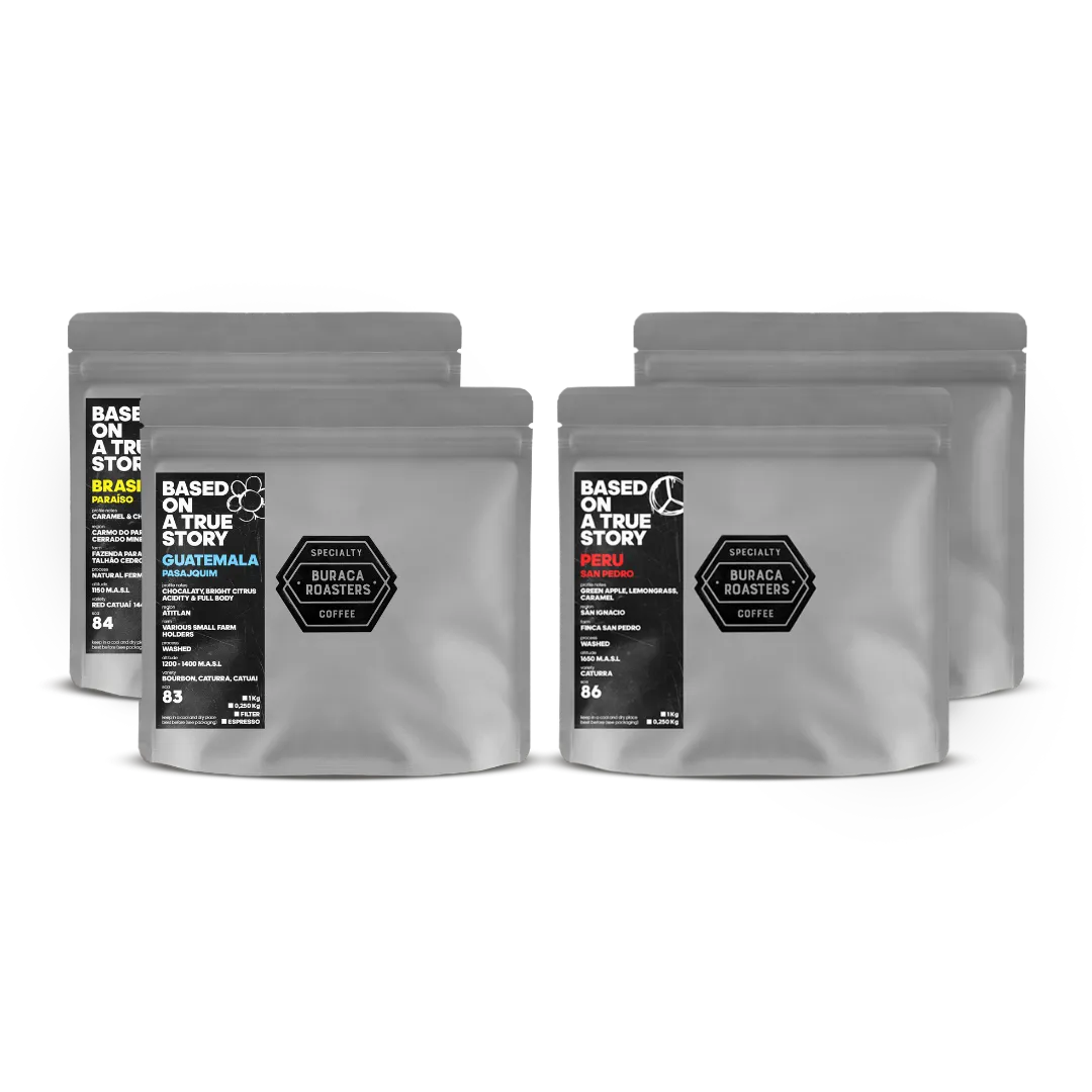Image of the Adventure Coffee Bundle featuring four 250g bags of specialty coffee from Peru, Guatemala and Brazil.