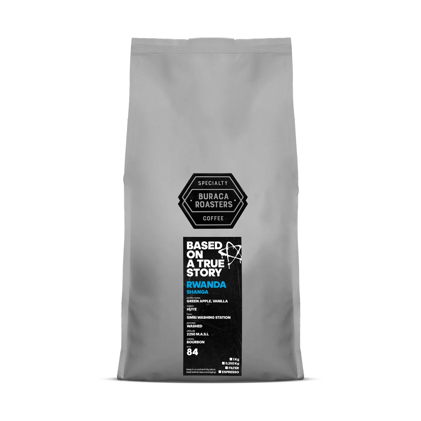 Front of a 1kg coffee bag from Rwanda, finca Simbi Washing station roasted by Buraca Roasters