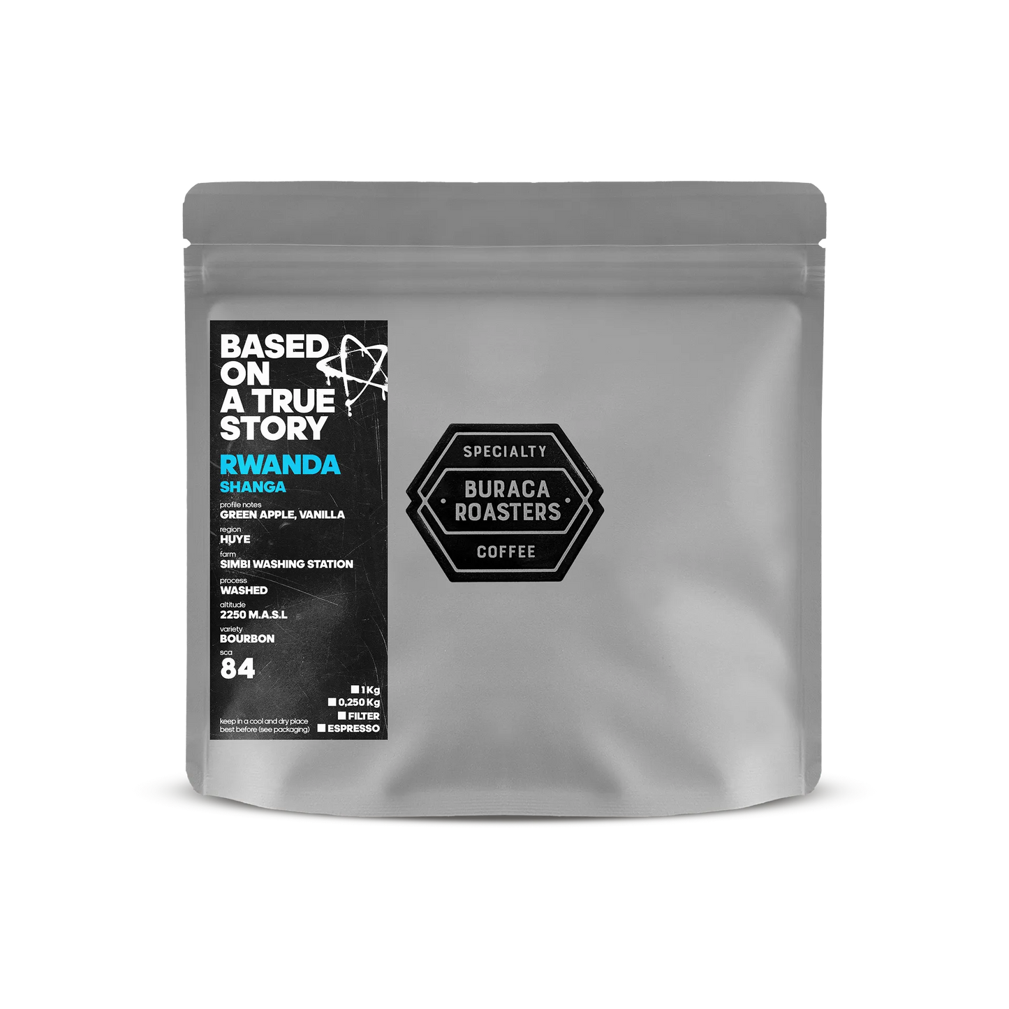 Front of a 250g coffee bag from Rwanda, finca Simbi Washing station roasted by Buraca Roasters