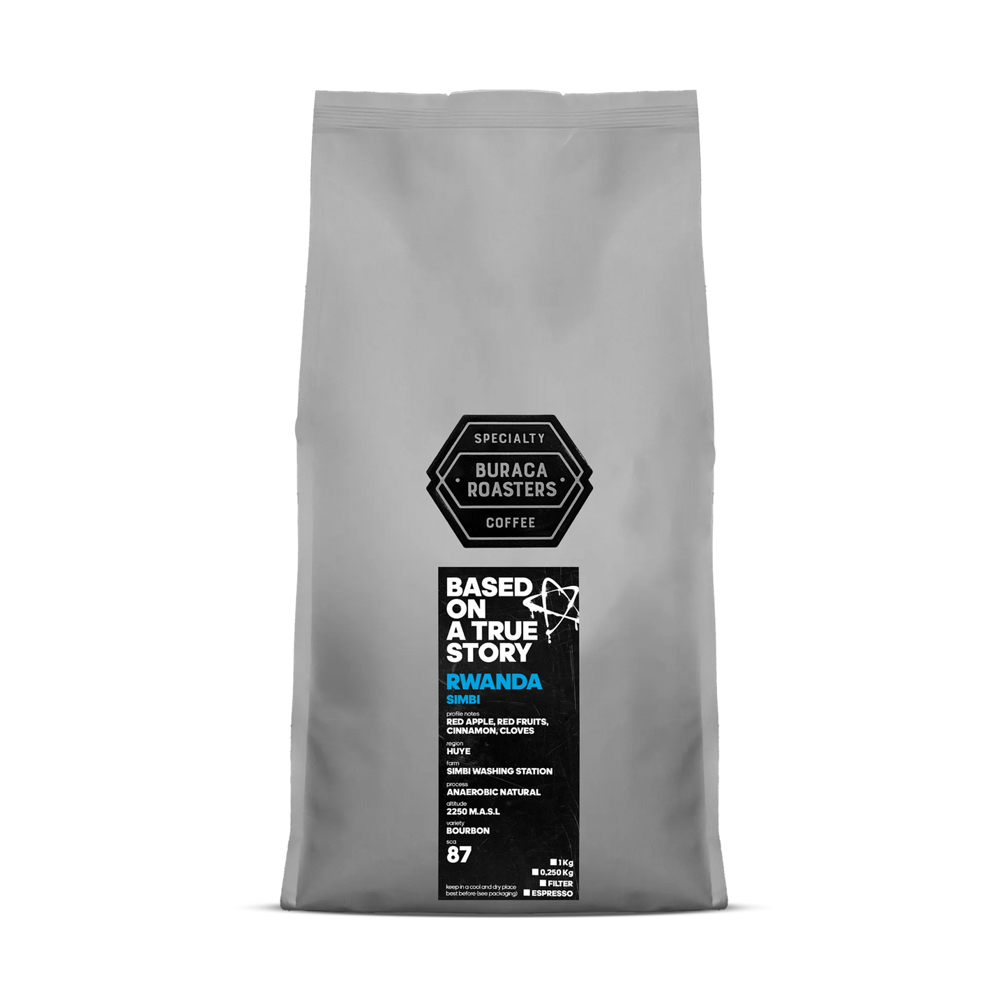 Front of a 1kg coffee bag from Rwanda, finca Simbi Washing station roasted by Buraca Roasters