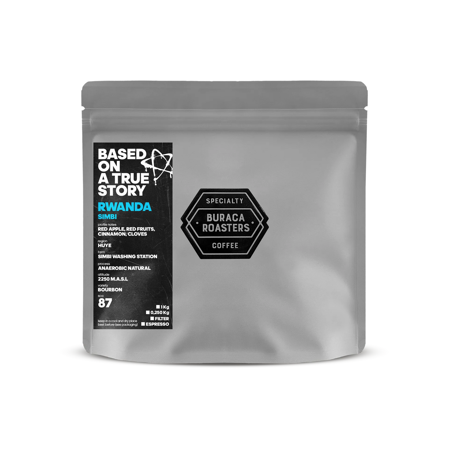 Front of a 250g coffee bag from Rwanda, finca Simbi Washing station roasted by Buraca Roasters