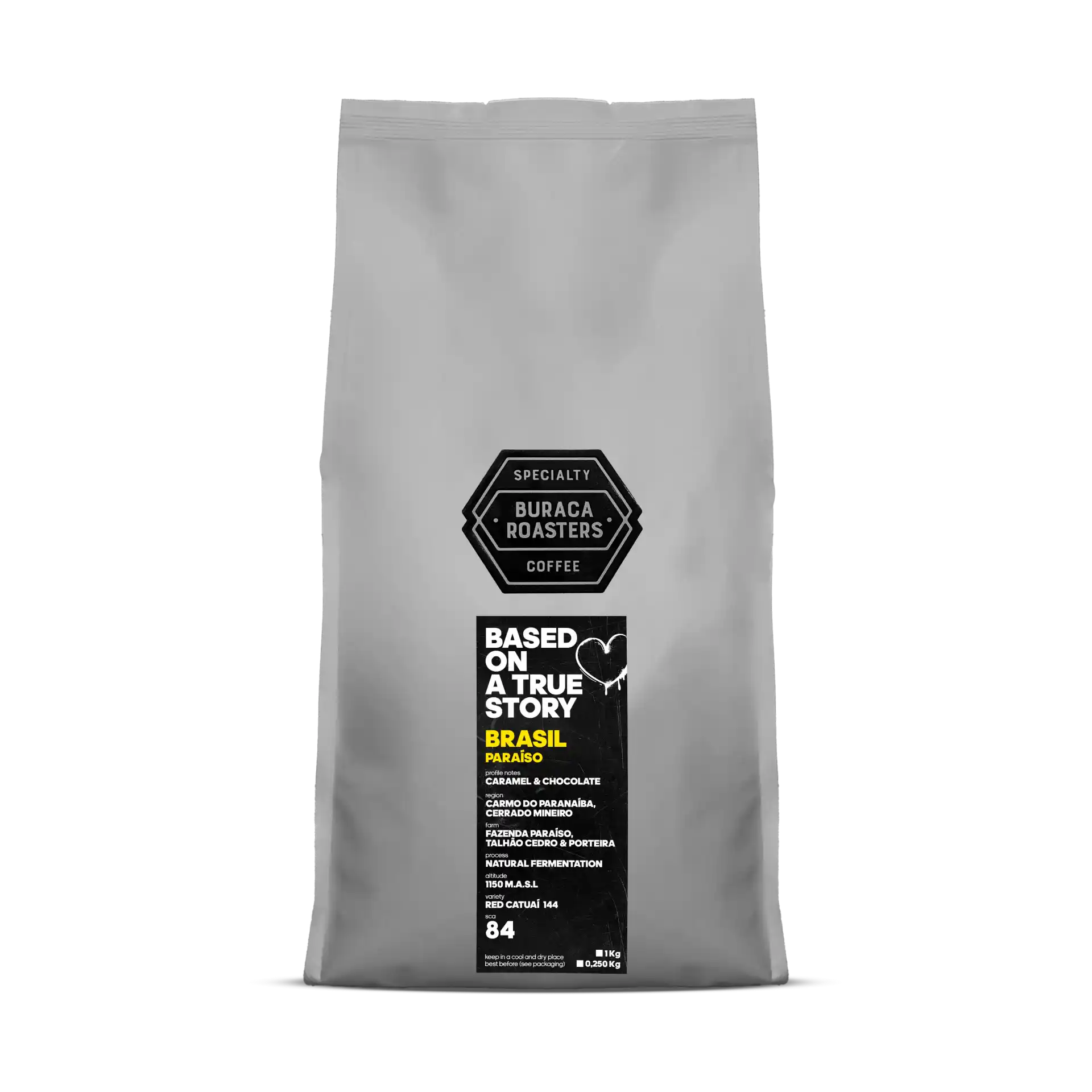 Front picture of a 1kg coffee bag from Brasil Paraiso roasted by Buraca Roasters
