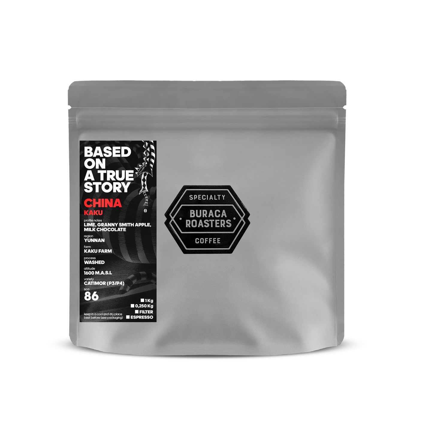 Front picture of a 250g coffee bag from China Kaku roasted by Buraca Roasters