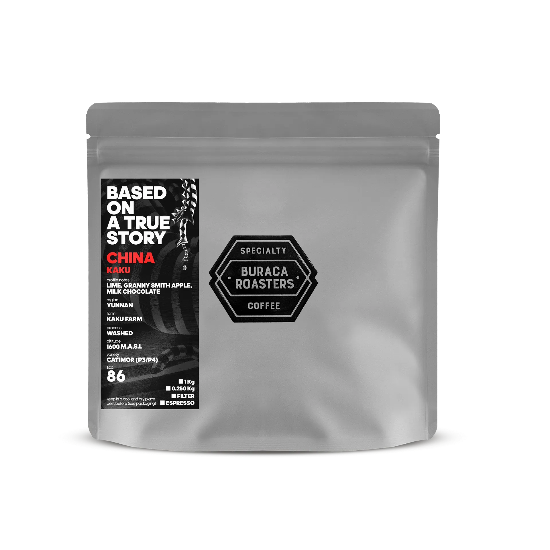 Front picture of a 250g coffee bag from China Kaku roasted by Buraca Roasters