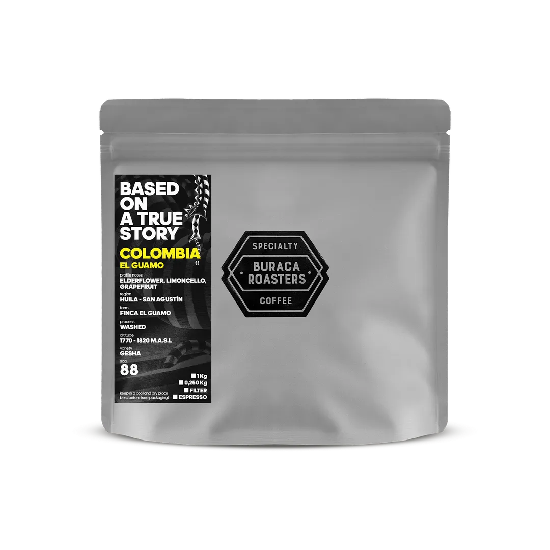 Front picture of a 250g coffee bag from Colombia El Guamo roasted by Buraca Roasters