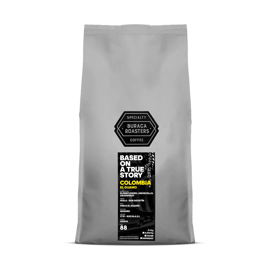 Front picture of a 1kg coffee bag from Colombia El Guamo roasted by Buraca Roasters