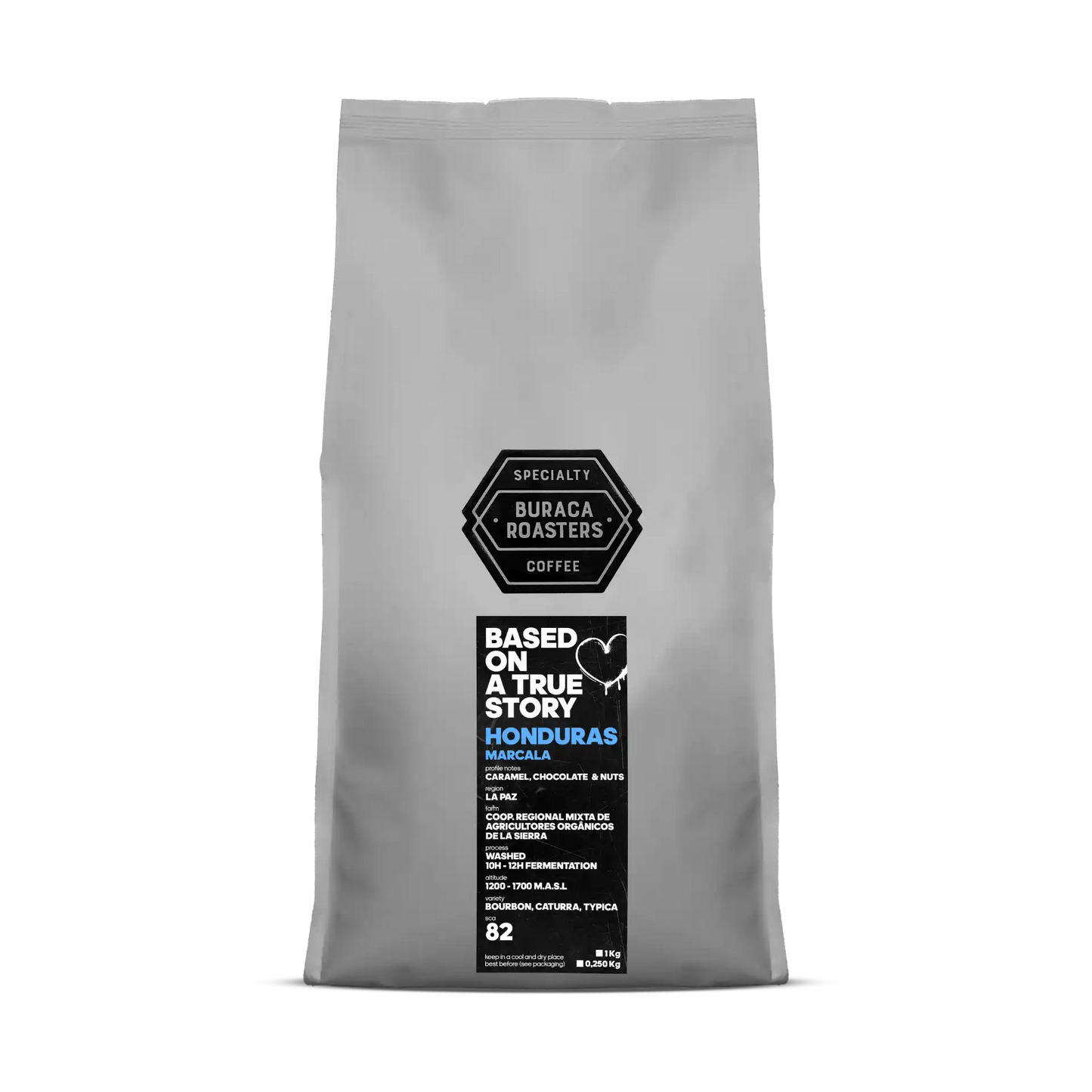 Front picture of a 1kg coffee bag from Honduras Marcala roasted by Buraca Roasters