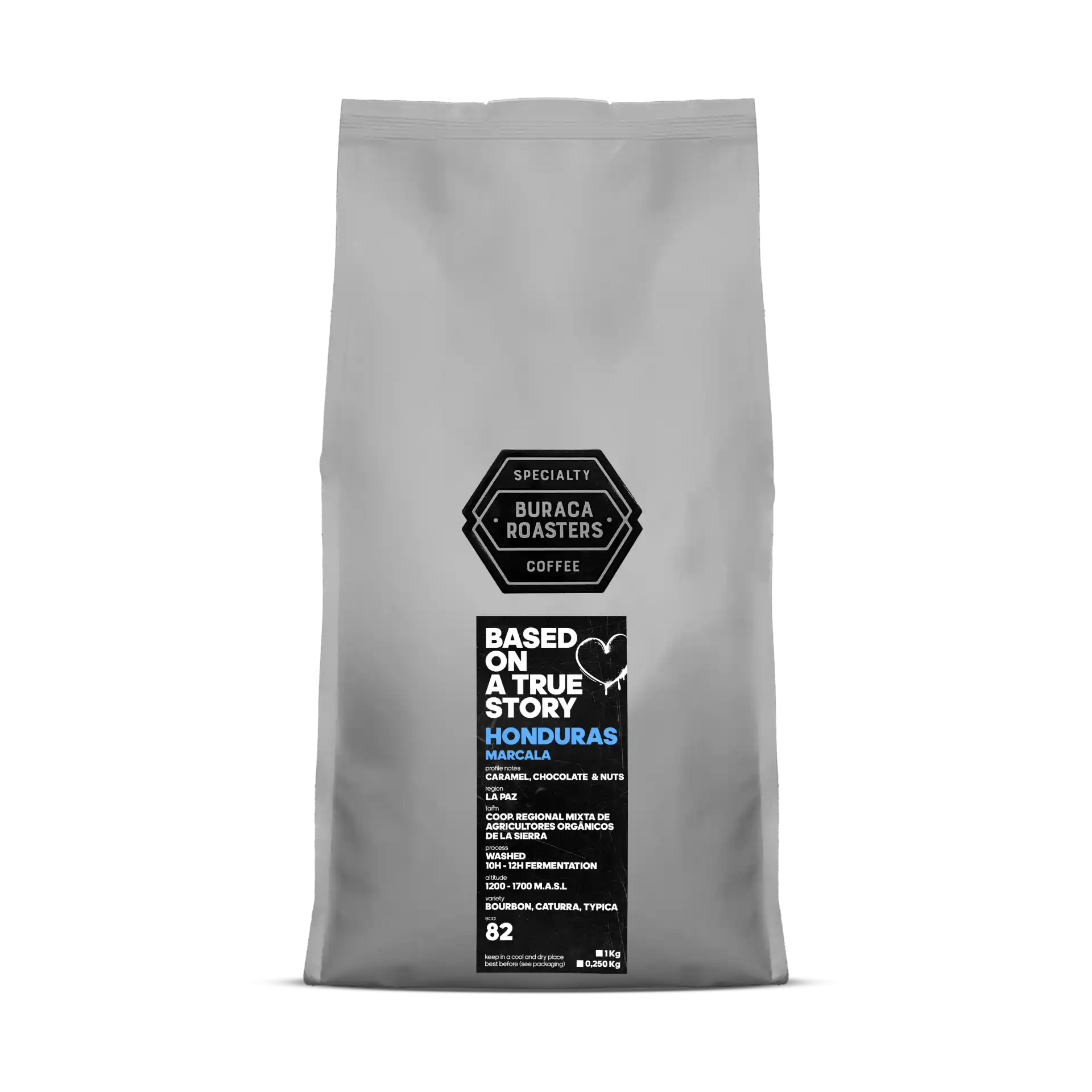 Front picture of a 1kg coffee bag from Honduras Marcala roasted by Buraca Roasters