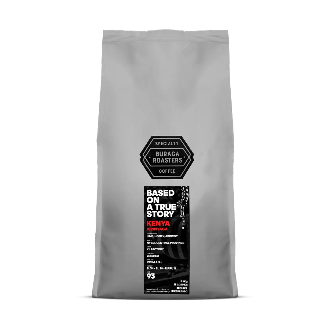 Front picture of a 1kg coffee bag from Kenya Kirinyaga roasted by Buraca Roasters