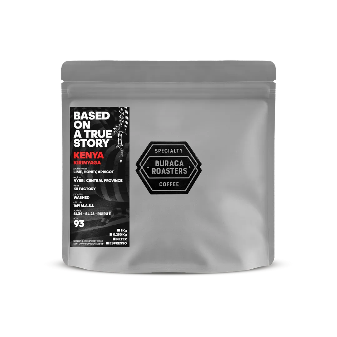 Front picture of a 250g coffee bag from Kenya Kirinyaga roasted by Buraca Roasters