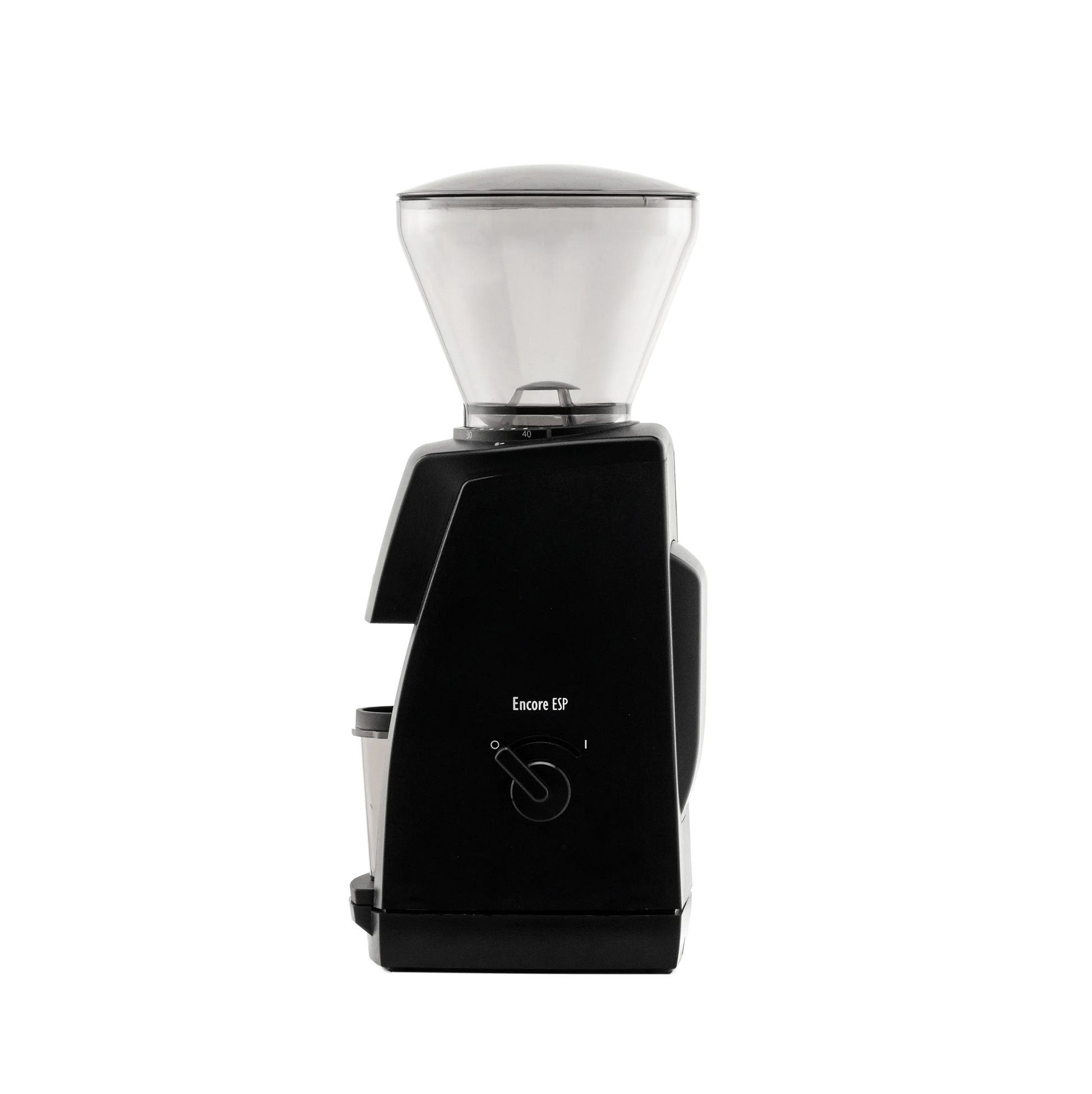 A side picture of the black Baratza Encore ESP coffee grinder.