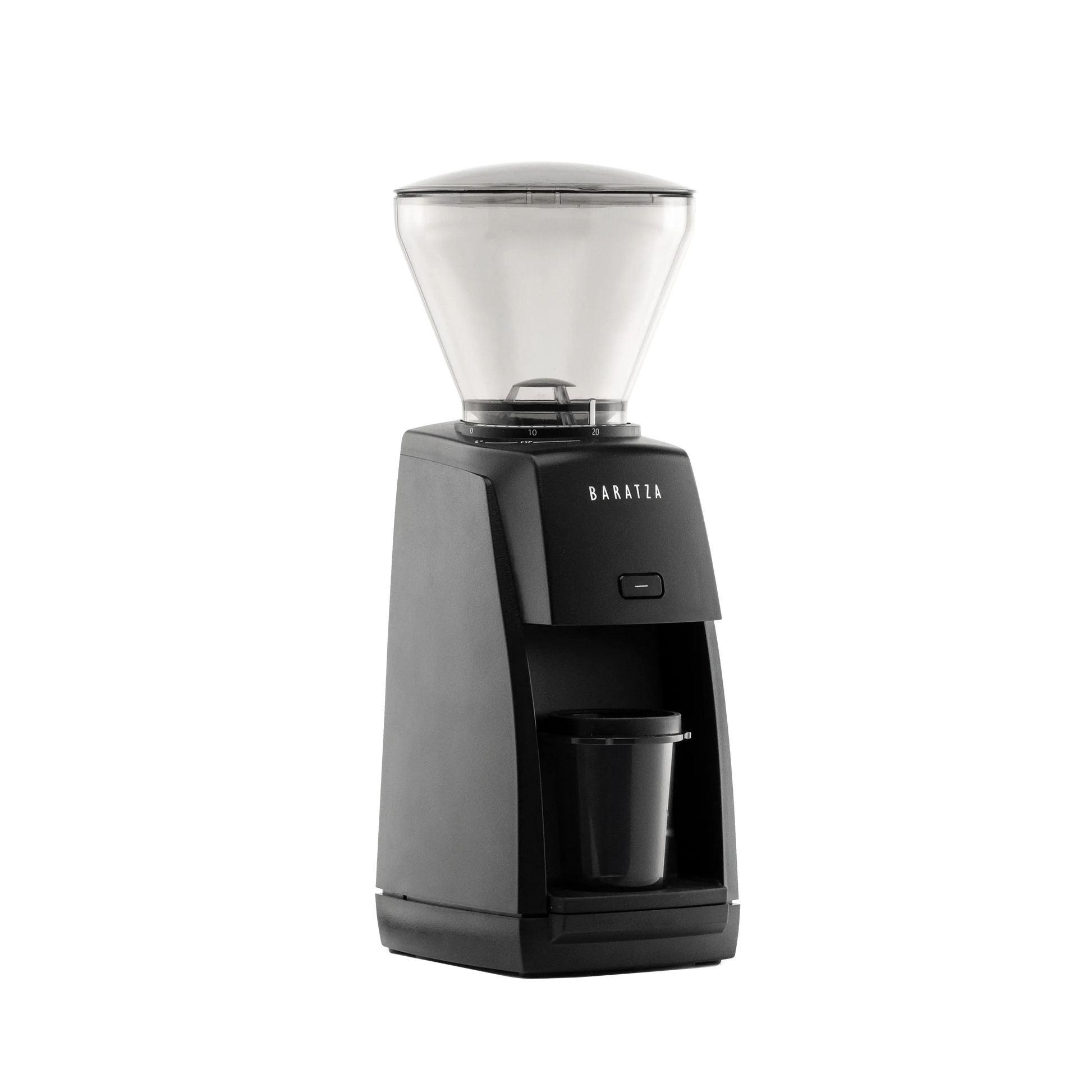A perspective picture of the white Baratza Encore ESP coffee grinder from the right side.