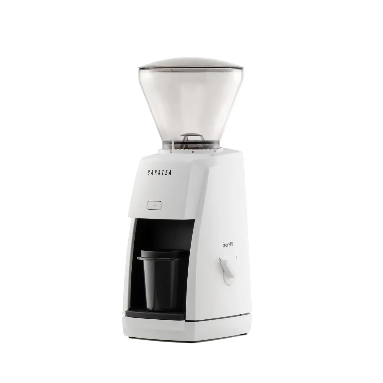 A perspective picture of the white Baratza Encore ESP coffee grinder from the left side..