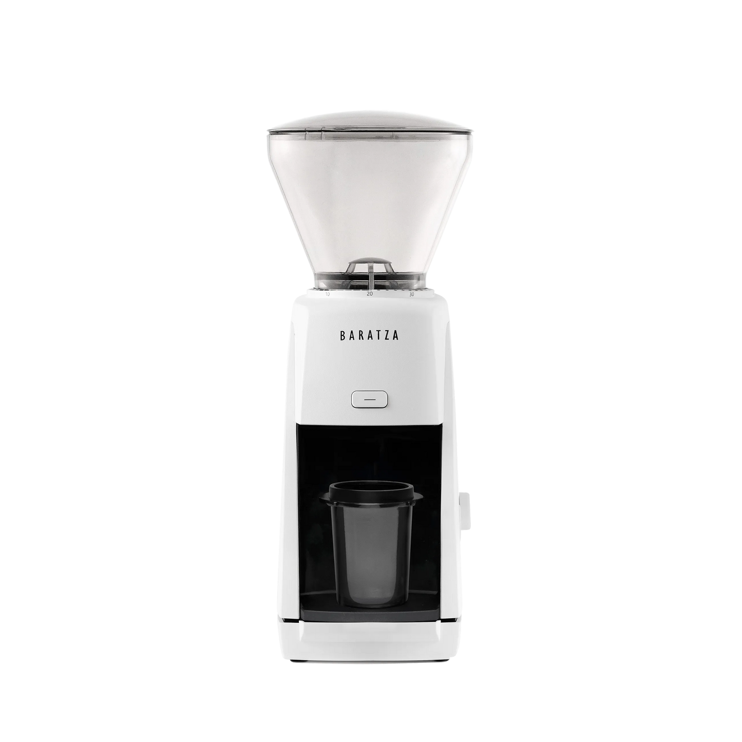 A front picture of the white Baratza Encore ESP coffee grinder.