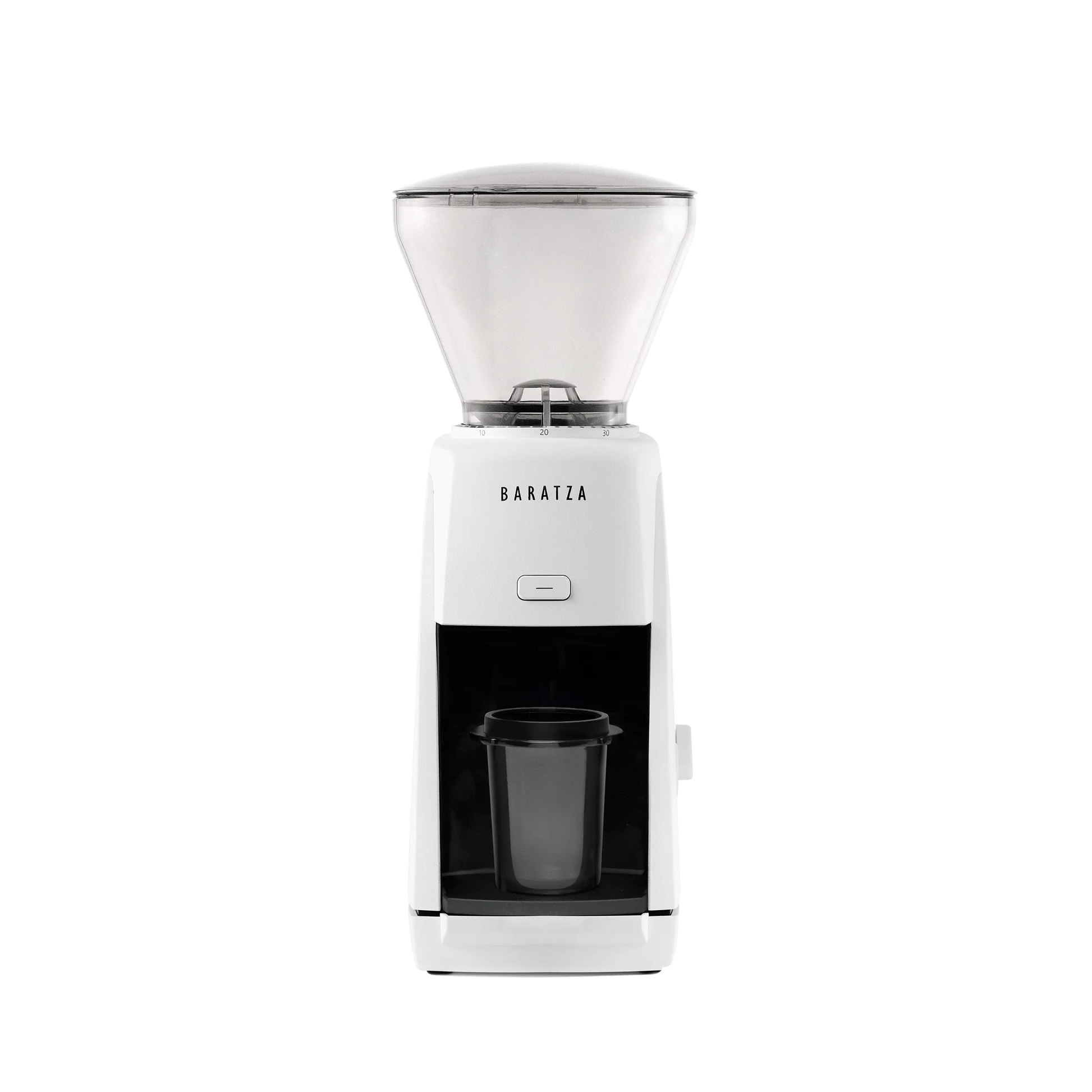 A front picture of the white Baratza Encore ESP coffee grinder.