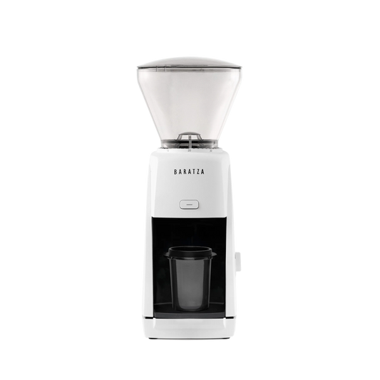 A front picture of the white Baratza Encore ESP coffee grinder.