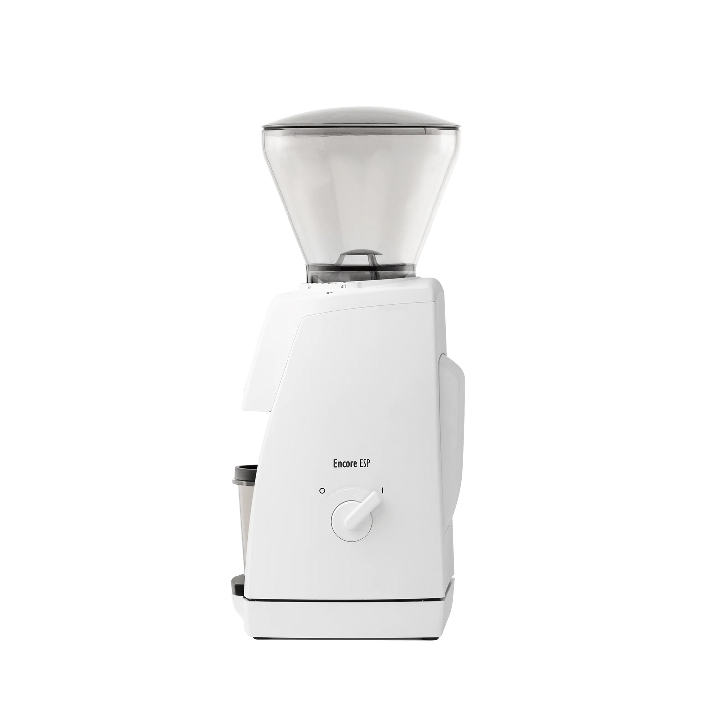 A side picture of the white Baratza Encore ESP coffee grinder.