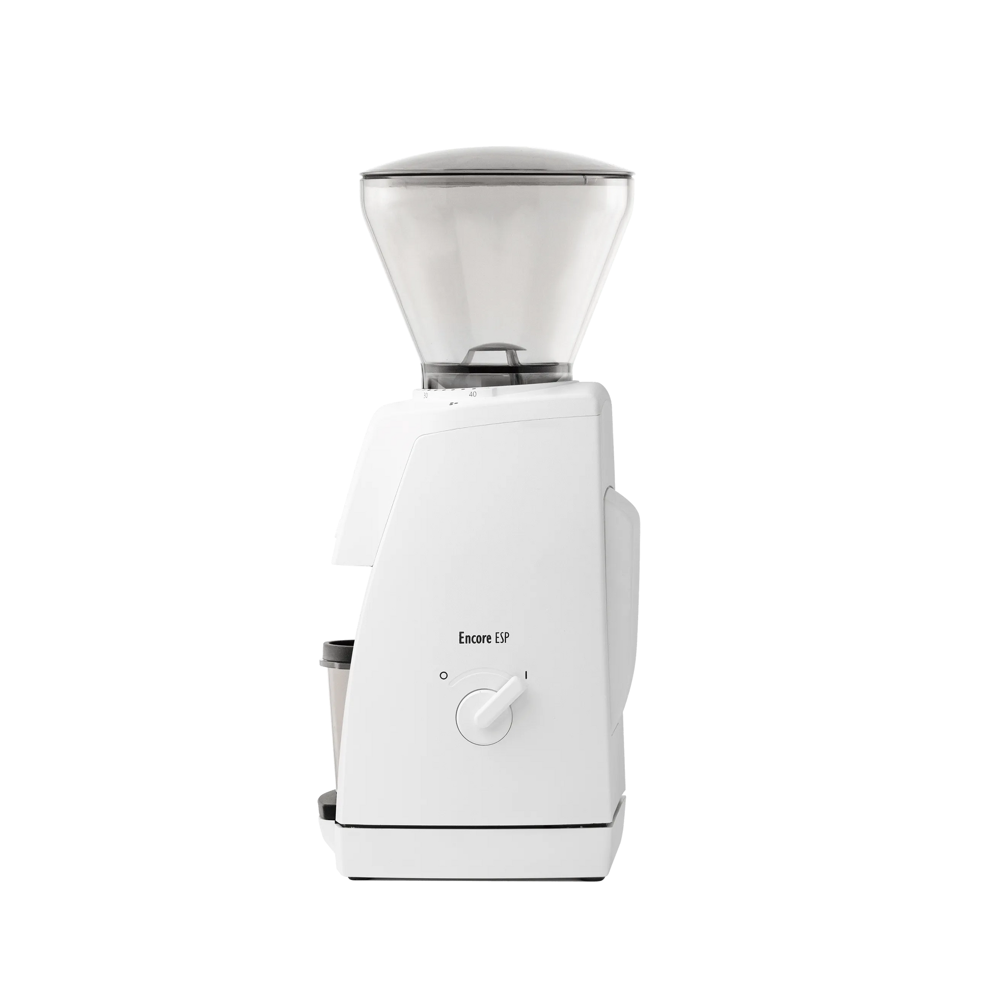 A side picture of the white Baratza Encore ESP coffee grinder.