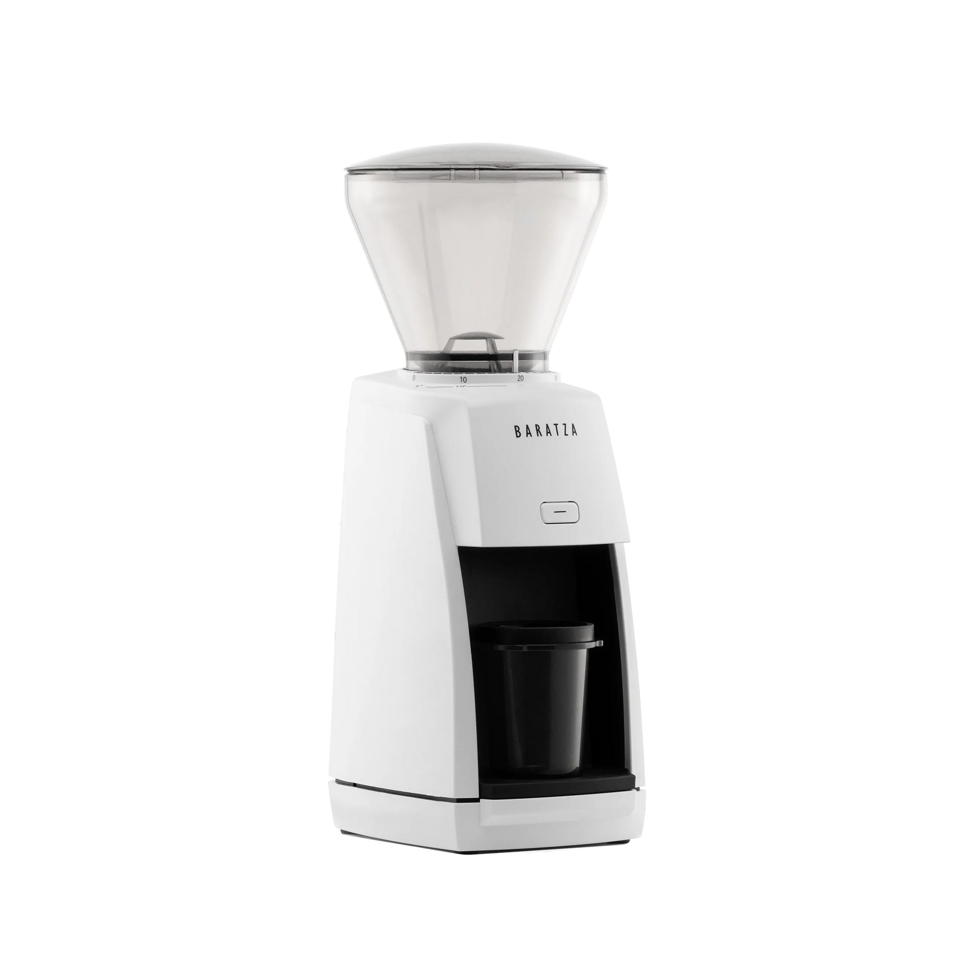 A perspective picture of the white Baratza Encore ESP coffee grinder from the right side.